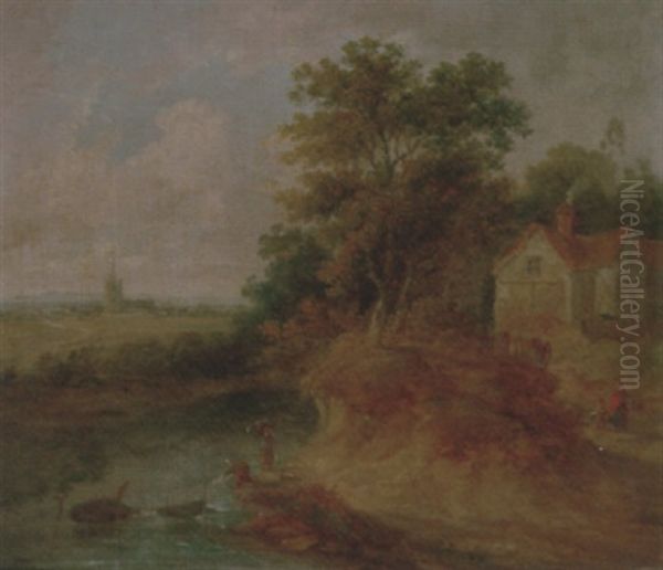 Washerwomen By A Stream, A Church And A Town Beyond Oil Painting by John Laporte