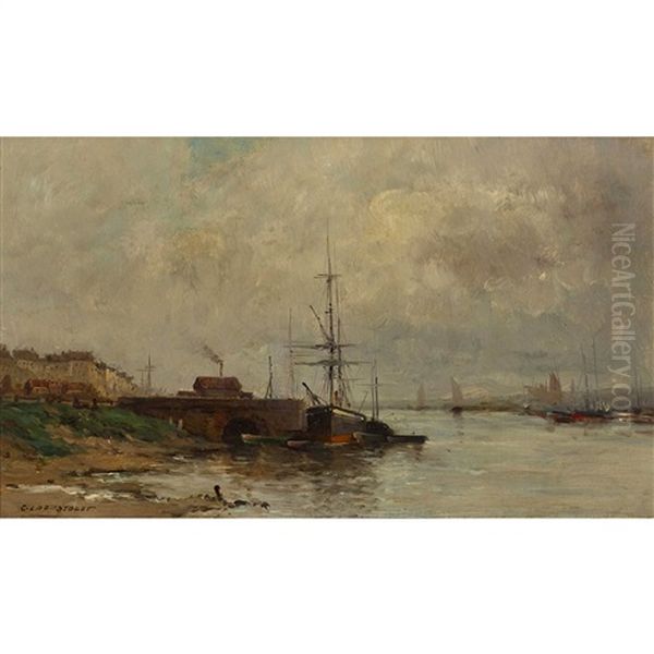 Schiffe Am Flussufer Oil Painting by Charles Lapostolet