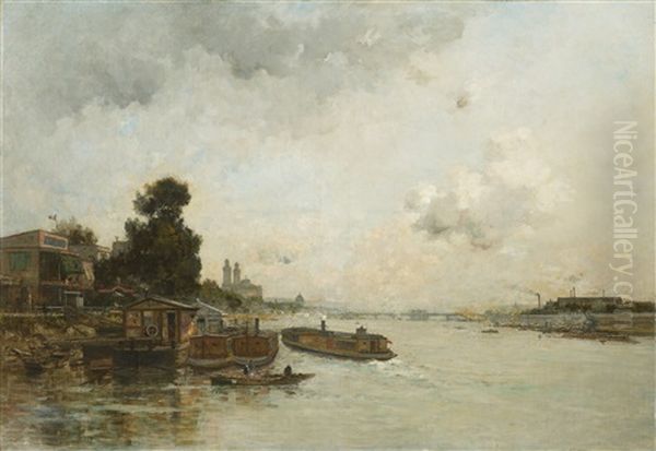 View Of The Seine, Paris Oil Painting by Charles Lapostolet