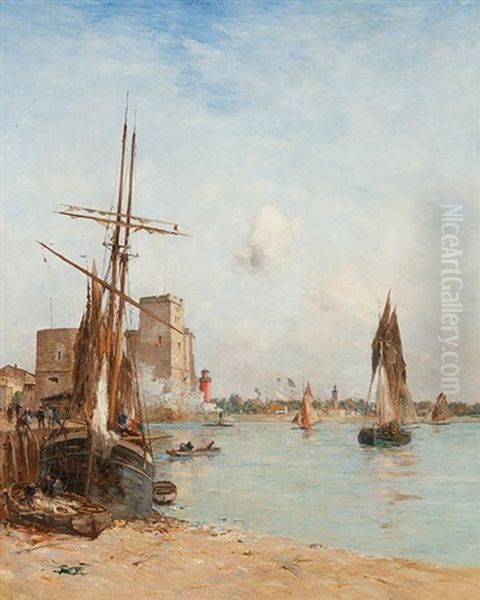 Hafenbucht Mit Fischerbooten Vor Festungsanlage Und Stadtsilhouette Oil Painting by Charles Lapostolet