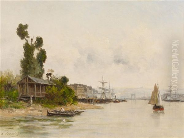 Franzosische Hafenstadt Am Flus. Die Seine Mit Rouen(?) Oil Painting by Charles Lapostolet