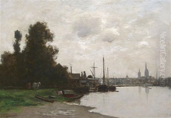 Hafenansicht Mit Booten Vor Rouen Oil Painting by Charles Lapostolet