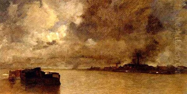 Barges On An Estuary Before A Hamlet At Dusk by Charles Lapostolet