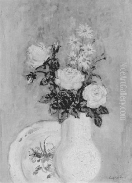 Roses Dans Un Vase Blanc Sur Une Assiette Oil Painting by Pierre Laprade