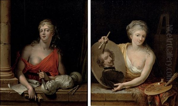 An Allegory Of Painting (+ An Allegory Of Sculpture; Pair) Oil Painting by Willem Joseph Laquy