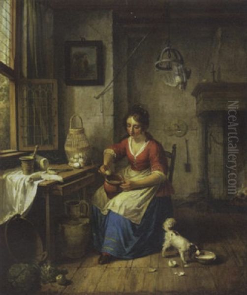 A Kitchen Maid Preparing Eggs By A Window Oil Painting by Willem Joseph Laquy