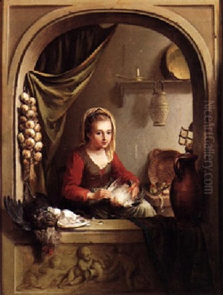 A Kitchen Maid At A Window Plucking A Duck Oil Painting by Willem Joseph Laquy