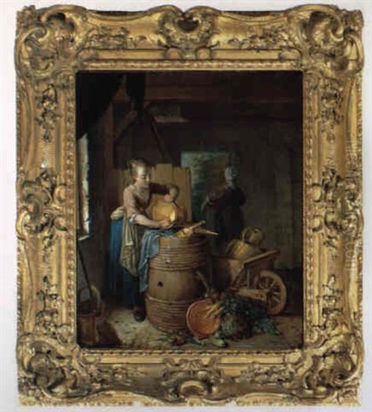 Kuchenmagd Beim Reinigen Von Geschirr In Einer Scheune Oil Painting by Willem Joseph Laquy