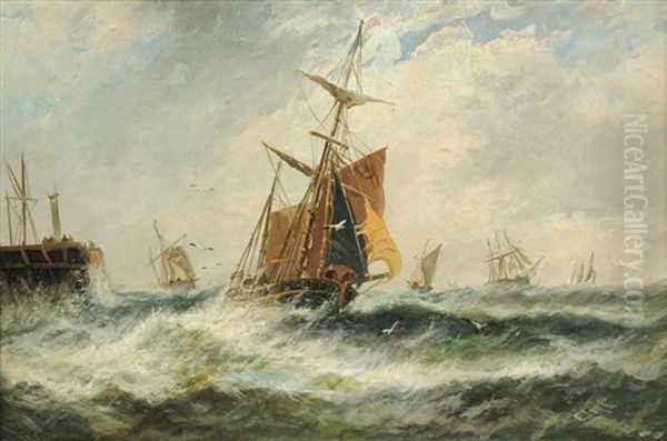 Shipping In A Choppy Sea Oil Painting by Ernest William Lara