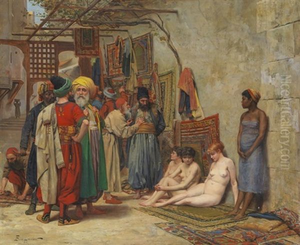 Orientalischer Markt Mit Drei Weissen Und Einer Dunklen Sklavin Oil Painting by Andre Emile Larcher