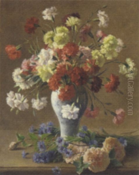 Still Life With Carnations In A Vase Oil Painting by Francois-Maurice Lard