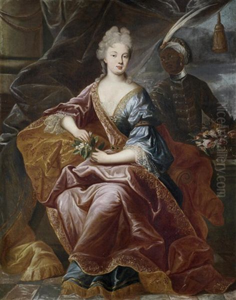 Portrait Of A Lady With An African Attendant, Before A Curtain Oil Painting by Nicolas de Largilliere