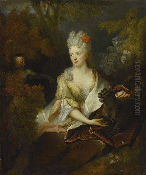 Portrait Of A Lady Seated In A Landscape With Her Pet Dog And A Monkey Oil Painting by Nicolas de Largilliere