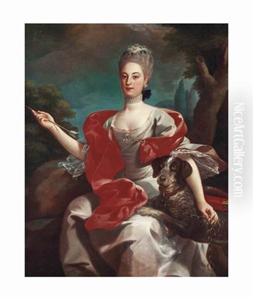 Portrait Of A Lady, As Diana The Huntress, Seated Three-quarter Length, Wearing A White Dress With A Pink Wrap, And Pearl Necklace And Earrings, With A Dog Oil Painting by Nicolas de Largilliere