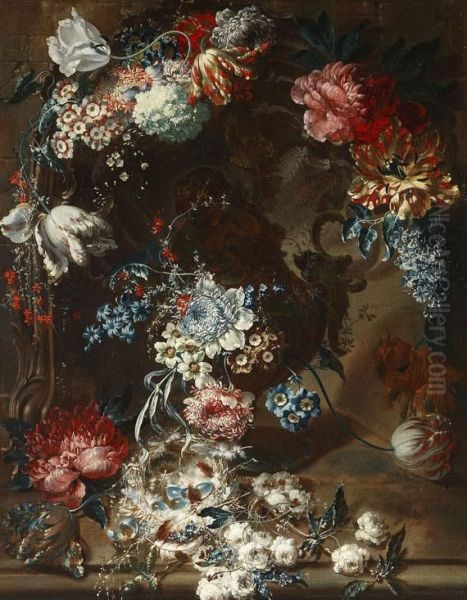 Blumenstillleben Mit Kirschbluten Undtulpen Oil Painting by Jean-Baptiste Ii Belin