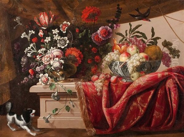 Coupe De Fruits Et Vase De Fleurs Sur Un Entablement Avec Un Tapis Oil Painting by Nicolas de Largilliere