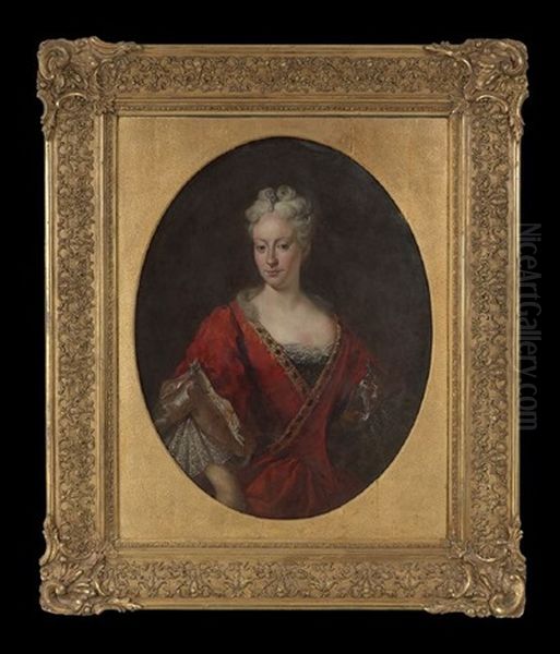 Oval Half-length Portrait Of A Lady In A Crimson Dress Oil Painting by Nicolas de Largilliere