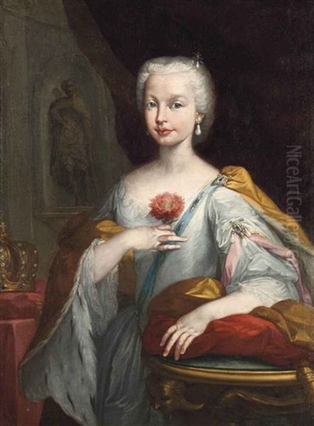 Portrait Of Mariana Victoria De Borbon (1718-1781), Infanta Of Spain And Later Queen Of Portugal, Half-length, In A Blue Dress With An Ermine-lined Yellow Mantle, Holding A Peony, A Bejewelled Crown To Her Right, Before A Draped Curtain Oil Painting by Nicolas de Largilliere