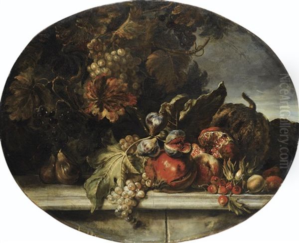 Nature Morte Aux Raisins, Grenades Et Figues Sur Un Entablement De Pierre Oil Painting by Nicolas de Largilliere