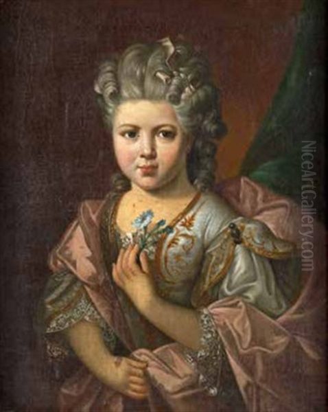 Portrait De Jeune Fille Tenant Un Bouquet De Bleuets Oil Painting by Nicolas de Largilliere