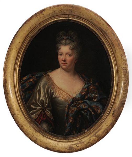 Half Portrait Of A Noblewoman, Wearing A Satin Gown And Brocaded Robe Oil Painting by Nicolas de Largilliere