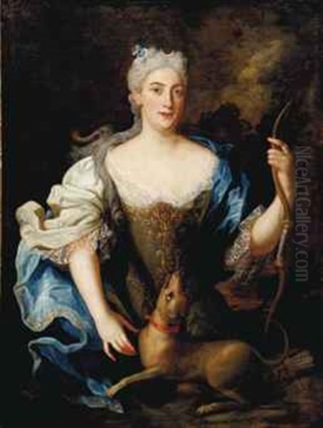 Portrait Of A Laidy, Three-quarter-length, Dressed As Diana The Huntress, With A Dog Oil Painting by Nicolas de Largilliere