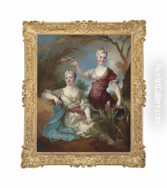 Portrait Of Baroness Le Leu D'aubilly, Full-length...and Her Daughter Madame De Guinaumont Oil Painting by Nicolas de Largilliere