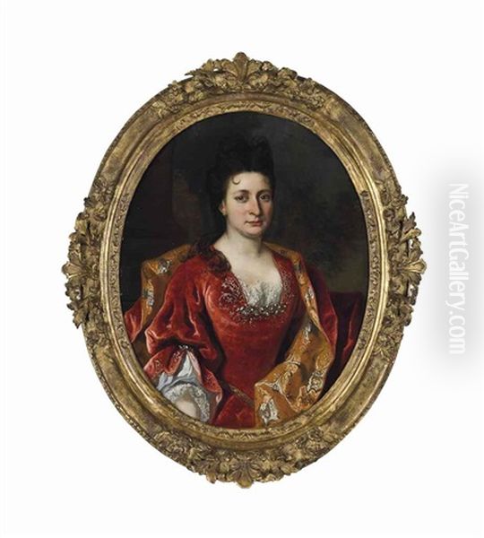 Portrait Of A Lady, Half-length, In A Lace Trimmed Red Dress And Embroidered Gold Wrap Oil Painting by Nicolas de Largilliere