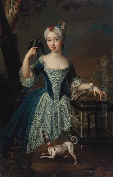 Portrait Of A Girl In A Blue Dress With Lace Trimming Resting Her Left Arm On A Bird Cage Holding A Parrott With A Dog In The Foreground Oil Painting by Nicolas de Largilliere