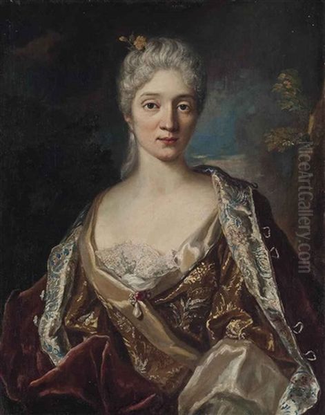 Portrait Of A Lady, Half-length, In An Embroidered Dress And Wrap, With A Ruby And Diamond Brooch, A Wooded Landscape Beyond Oil Painting by Nicolas de Largilliere