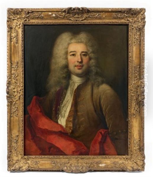 Portrait D'home En Habit Gris Et Manteau Rouge Oil Painting by Nicolas de Largilliere