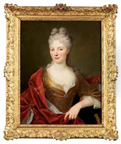 Portrait De Jeune Femme De Qualite En Buste, Un Diademe Orne D'une Perle Dans Ses Cheveux, Dans Un Drape Rouge Oil Painting by Nicolas de Largilliere