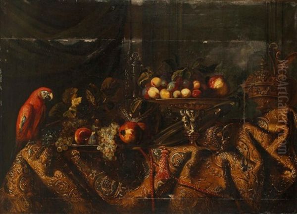 Nature Morte Aux Pieces D'orfevrerie, Fruits Et Perroquet Oil Painting by Nicolas de Largilliere