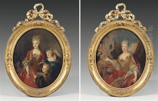 Portrait De Femme Au Perroquet Femme Avec Ses Deux Enfants (pair) Oil Painting by Nicolas de Largilliere