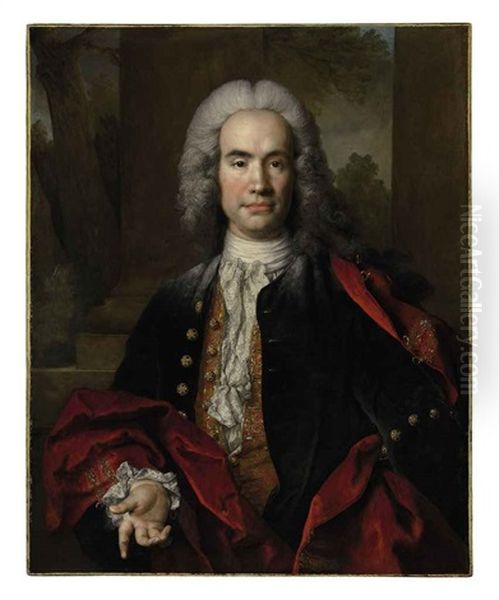 Portrait Of Gaspard Gedeon Petau, Seigneur De Maulette In An Embroidered Blue Waistcoat And A Red Velvet Cape Oil Painting by Nicolas de Largilliere