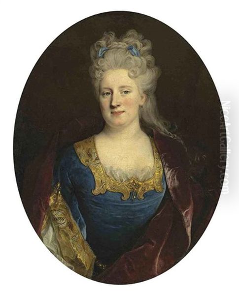 Portrait Of Madeleine Le Roux, Wife Of Manzeray De Courvaudon, In A Blue Dress With Gold Trim, Ribbons In Her Hair Oil Painting by Nicolas de Largilliere