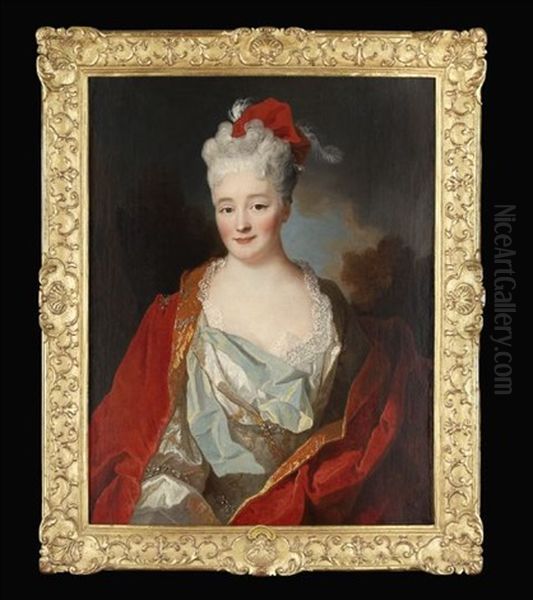 Portrait Of An Elegantly Dressed Lady In A Light Blue Dress And A Red Velvet Wrap, Wearing A Feathered Scarlet Bonnet, A Landscape Beyond Oil Painting by Nicolas de Largilliere