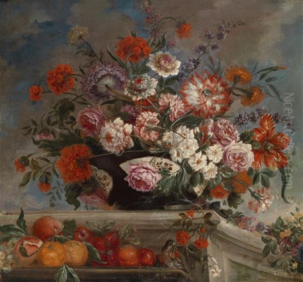 Ein Blumenstillleben Mit Fruchten Und Einem Vogel Oil Painting by Nicolas de Largilliere