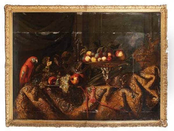 Nature Morte Aux Pieces D'orfevrerie, Fruits Et Perroquet Oil Painting by Nicolas de Largilliere