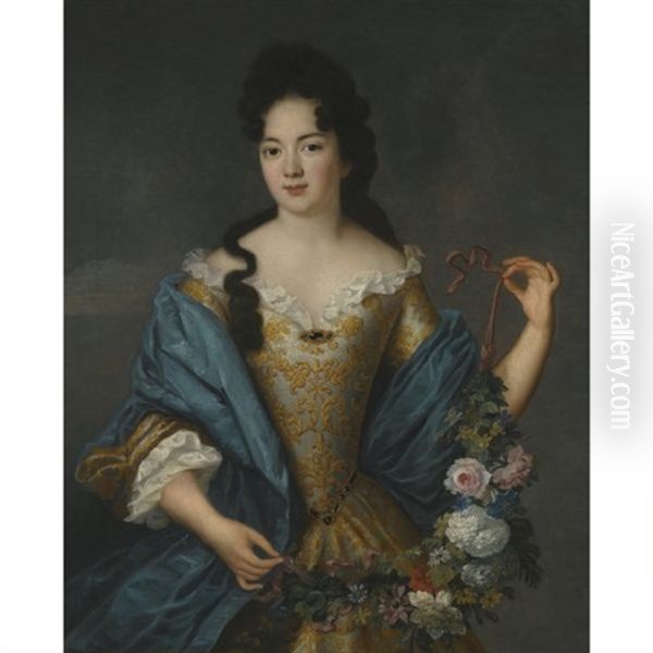 Portrait Of A Lady, Half Length, Wearing An Embroidered Dress With A Blue Shawl, Holding A Garland Of Flowers Oil Painting by Nicolas de Largilliere