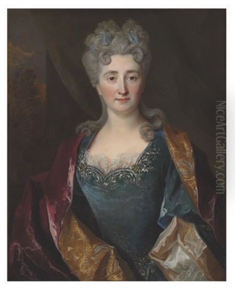 Portrait Of A Lady In A Blue Dress And Crimson Shawl Oil Painting by Nicolas de Largilliere