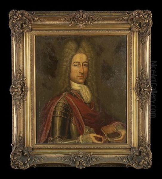 Portrait Of A Gentleman Dressed In Armor Holding A Snuff Box Oil Painting by Nicolas de Largilliere