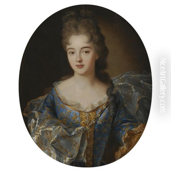 Portrait Of A Lady, In A Blue Embroided Dress With An Ornate Scarf Oil Painting by Nicolas de Largilliere