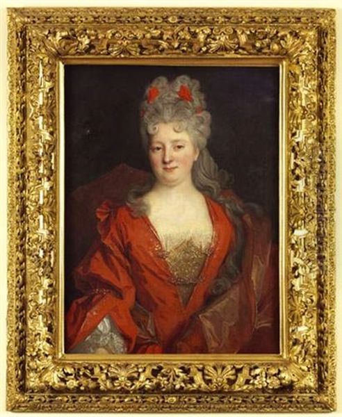 Portrait D'une Femme De Qualite En Robe Rouge Sur Fonds De Paysage Oil Painting by Nicolas de Largilliere