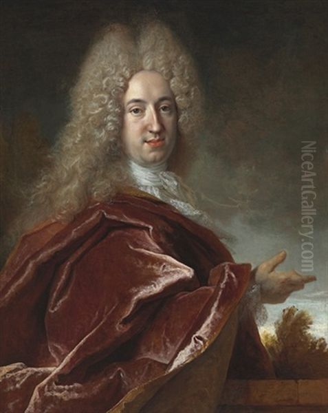 Portrait Of Walter Kruger (1684-1735), Standing Half-length, In A Red Robe Oil Painting by Nicolas de Largilliere