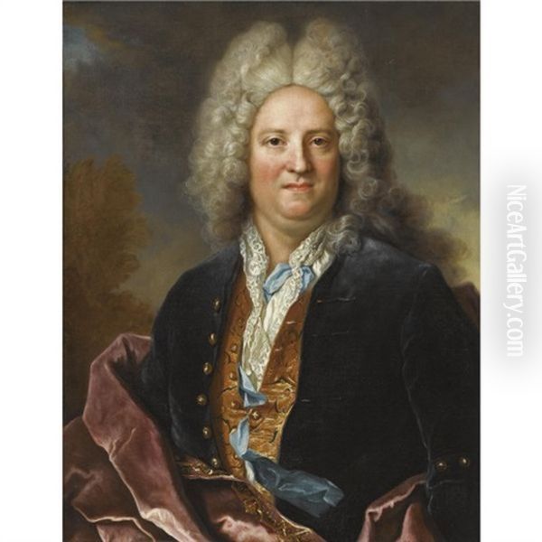 Portrait Of A Gentleman, Wearing A Blue Coat With A White Chemise And Gold Embroidered Waistcoat, With A Crimson Sash Oil Painting by Nicolas de Largilliere