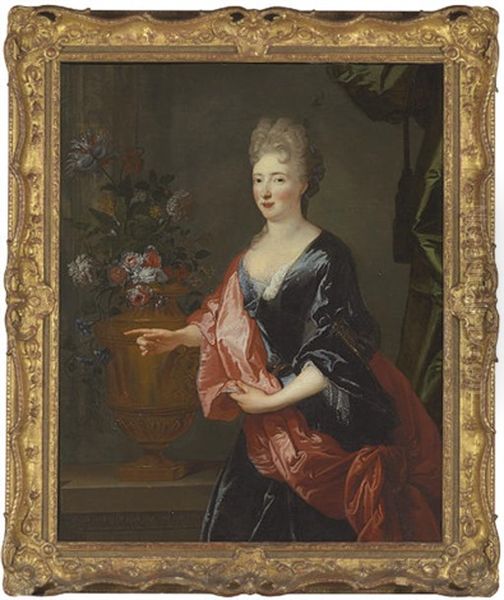 Portrait Of A Lady (duchesse Francoise Marie De Bourbon?) In A Blue Dress Oil Painting by Nicolas de Largilliere