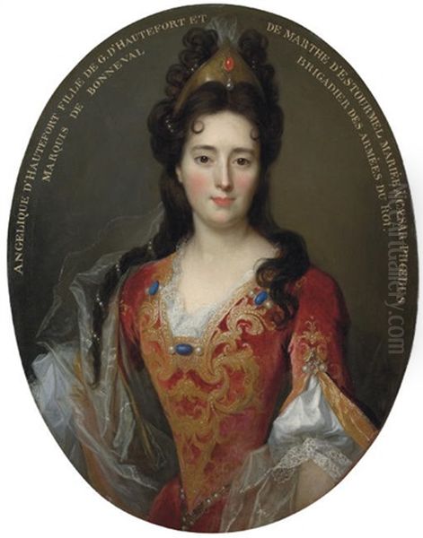 Portrait Of Angelique D'hautefort In A Red And Gold Embroidered Bodice And Skirt Oil Painting by Nicolas de Largilliere