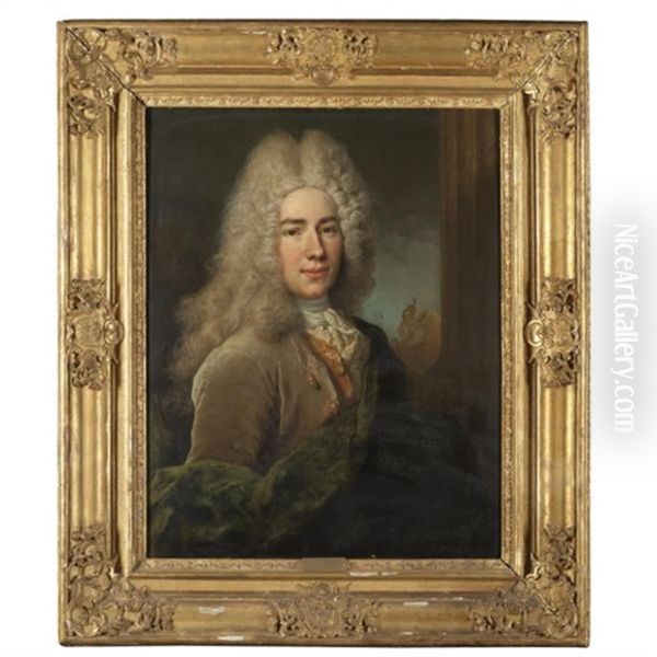 Portrait Of A Gentleman, Half Length, Wearing A Brown Velvet Coat Wih A Green Sash Oil Painting by Nicolas de Largilliere