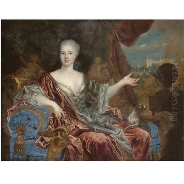 Portrait Of A Lady, Three-quarter Length, Wearing A Blue Silk Dress With Lace Trim And A Red Shawl, Seated On A Blue Chaise Longue Oil Painting by Nicolas de Largilliere